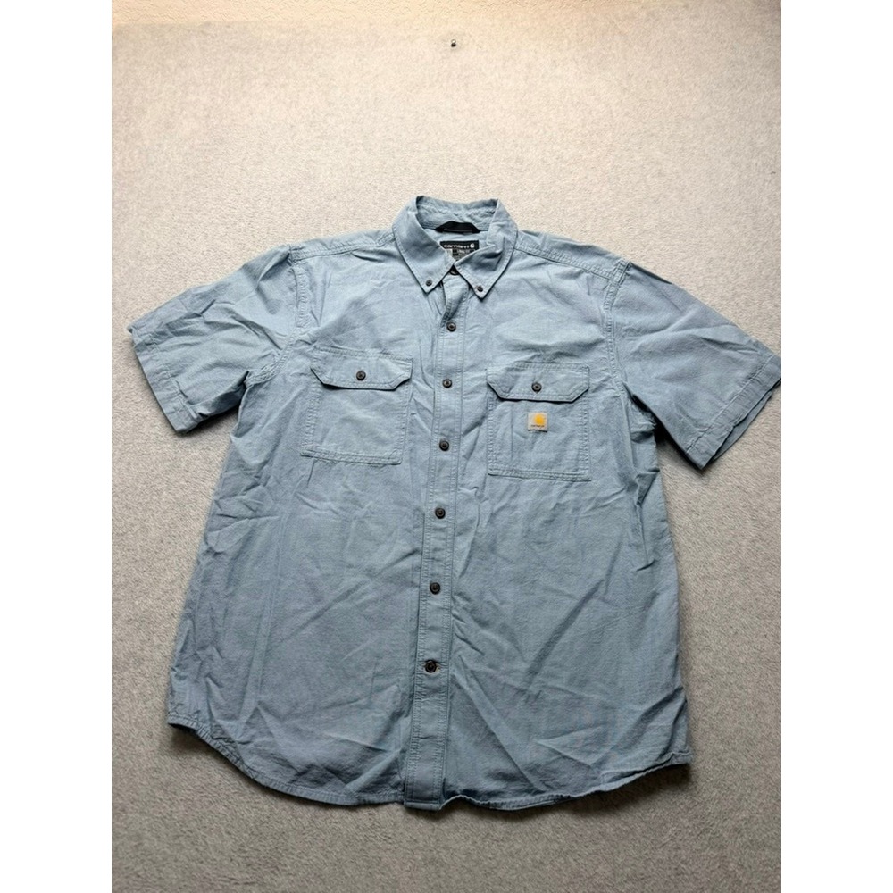 Carhartt Mens Loose Fit Short Sleeve Button Down Chambray Shirt Light Blue L